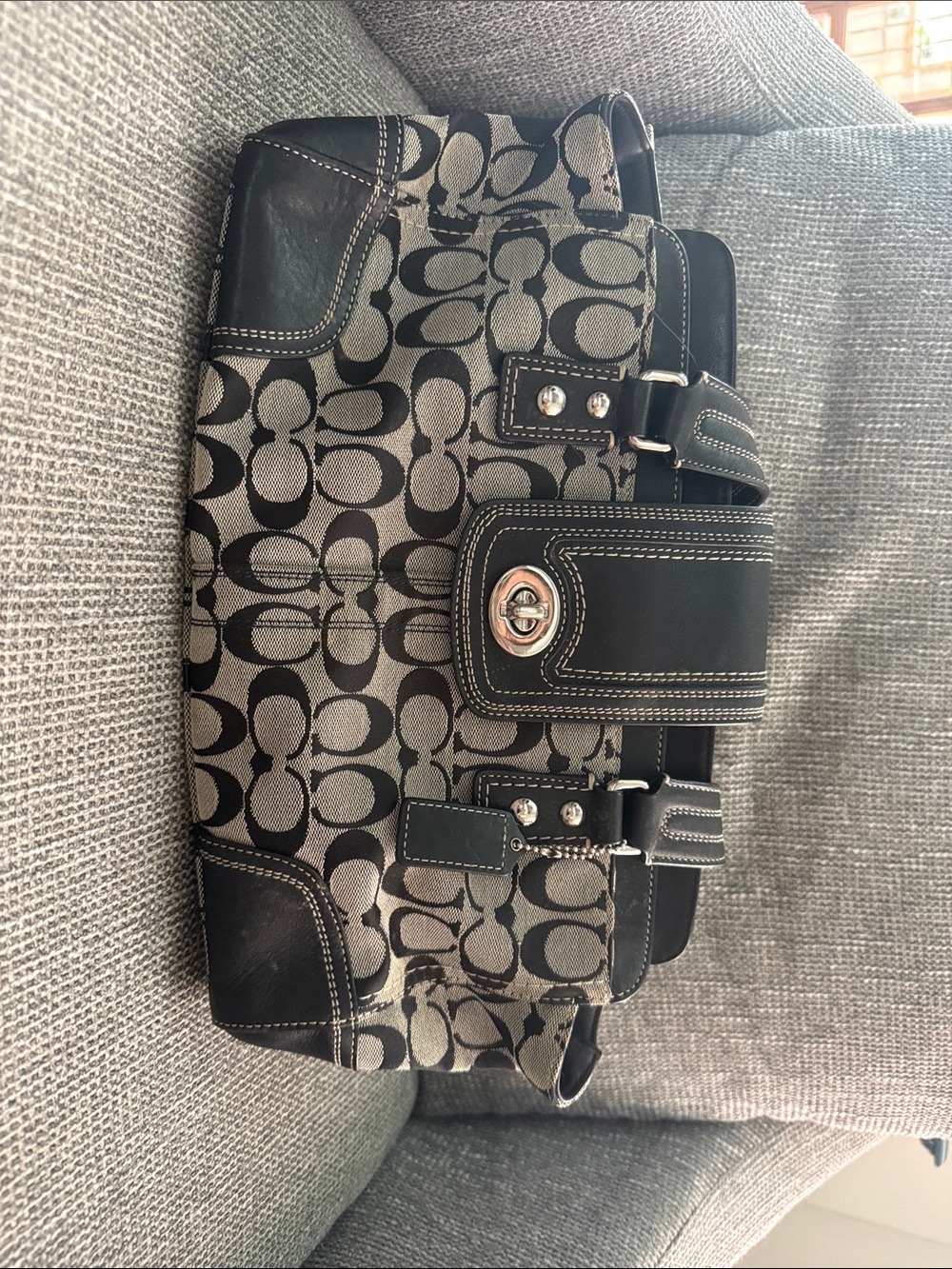 Coach Black and Gray Signature Tote with Turnlock Accent